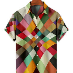 2022 Men's Short Sleeve Lapel Shirts Simple Harajuku 3D Print Striped Oversized Pocket Shirts for Men