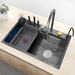 Large Single Slot Embossed Stainless Steel Waterfall Kitchen Sink  Household Wash basin Dishwashing  Sink For Kitchen