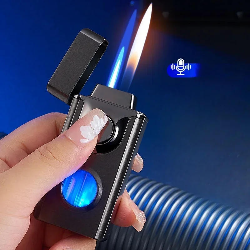 Description Picture 3 of itemIntelligent Voice Controlled Dual Fire Butane Gas Lighter 4 Ignition Modes Blue Light Visible Gas Window USB Electric Lighters