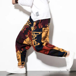Spring/Summer Chinese style printed casual pants, men's loose crotch trendy hip-hop suspender leggings, and leggings