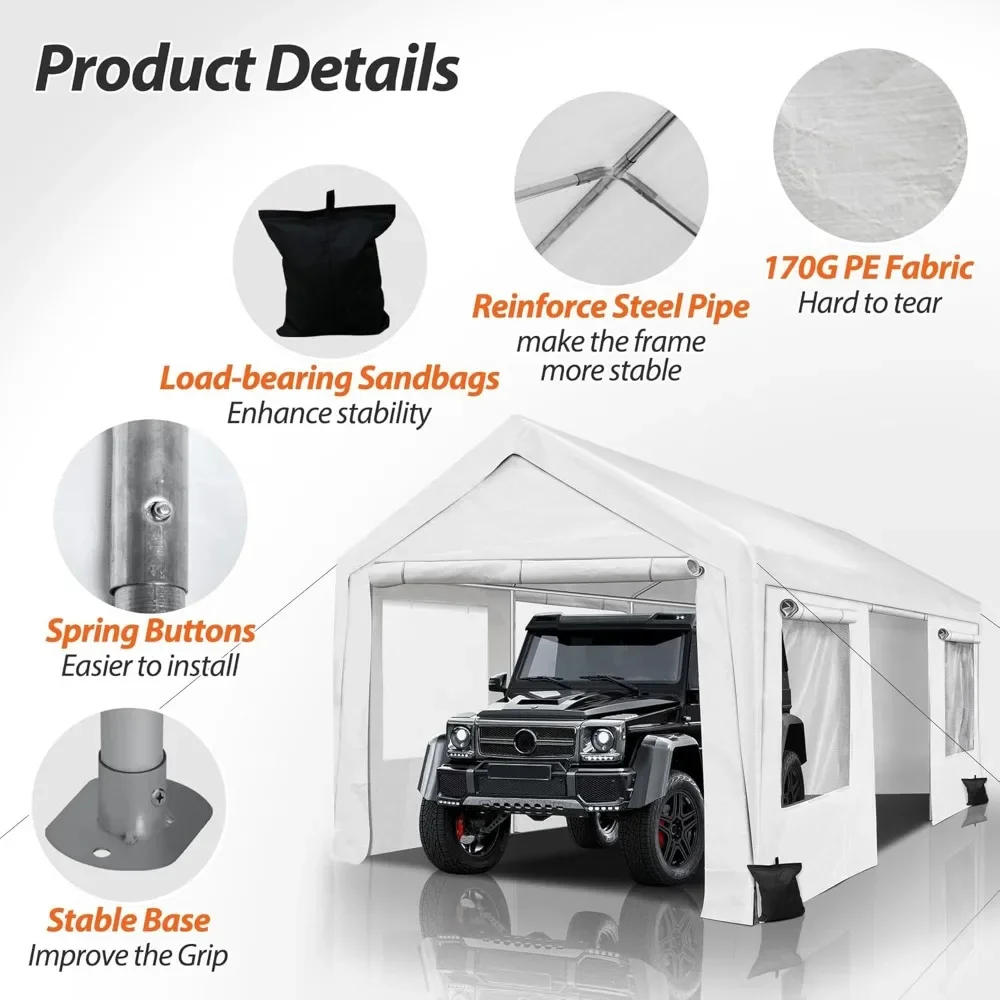 Description Picture 5 of itemCarport 10x20ft Portable Garage, Heavy Duty Car Canopy with Roll-up Ventilated Windows & Side Doors, Car Port for SUV, F150