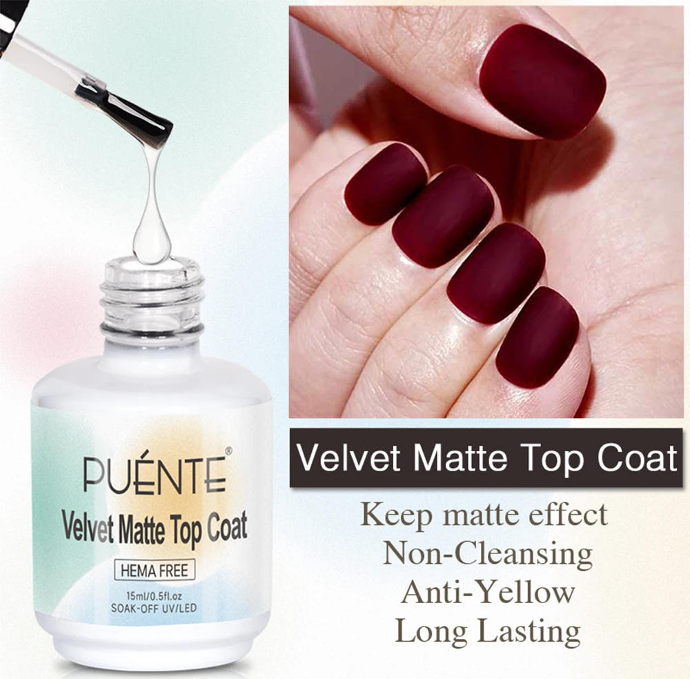 Description Picture 5 of itemPUENTE 15ML Hema Free Base Coat Crystal Top Coat Velvet Matte Top Coat Soak Off Function UV Nail Varnish For Sensitive Nails