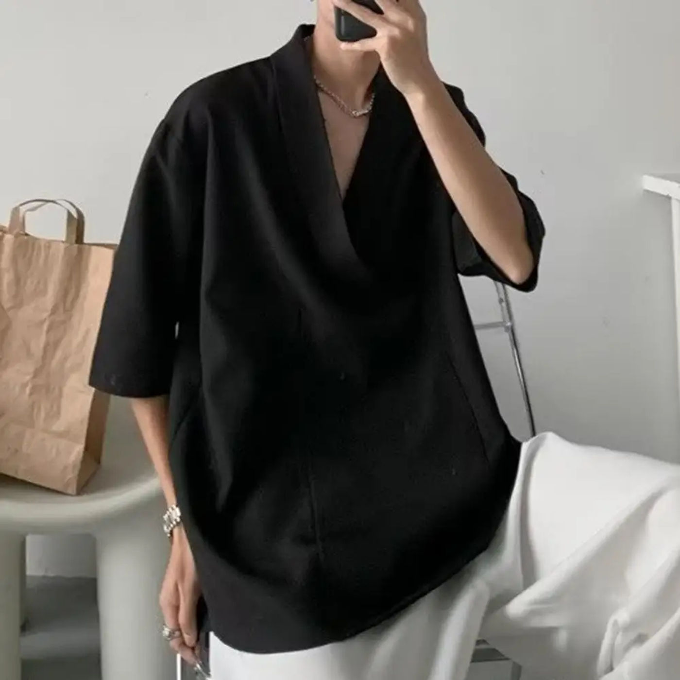 Description Picture 5 of itemHalf Sleeve Casual Shirt Men's Loose V Neck Summer Shirt Soft Breathable Casual Pullover for Hip Hop Style Streetwear Fashion