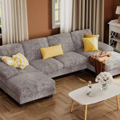 Sectional Couches for Living Room U-Shaped Sofa Couch with Linen Fabric 4 Seat Sofa Set with Double Chaise for Apartment