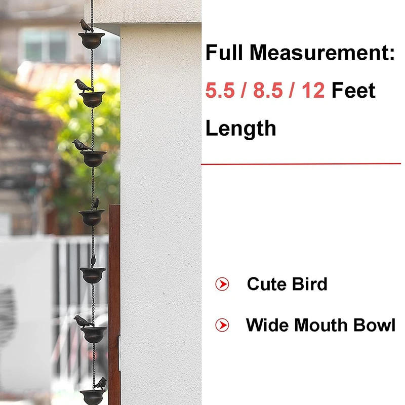 Description Picture 5 of itemOutdoor Rain Chain Decorative Gutter Rain Chain Removable Bird On Cup Rain Bell Channels Water Away Attached Hanger Home Decor
