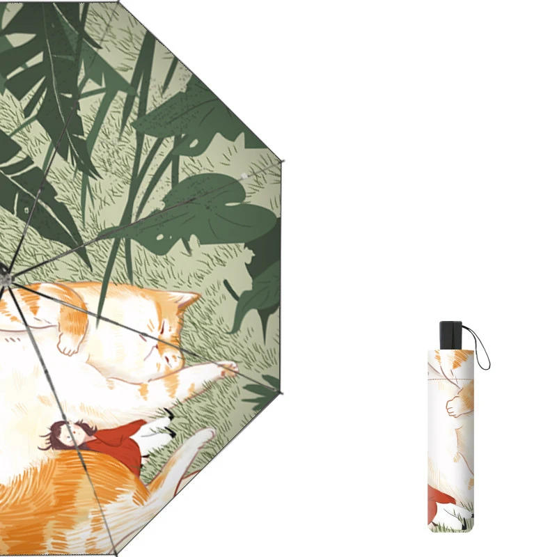 Description Picture 2 of itemRed Leaf Cartoon Animation Rain Umbrella, Black Coating, Anti UV Windproof, Cute Beach Sweethearts Umbrella, Inner Printing Cat