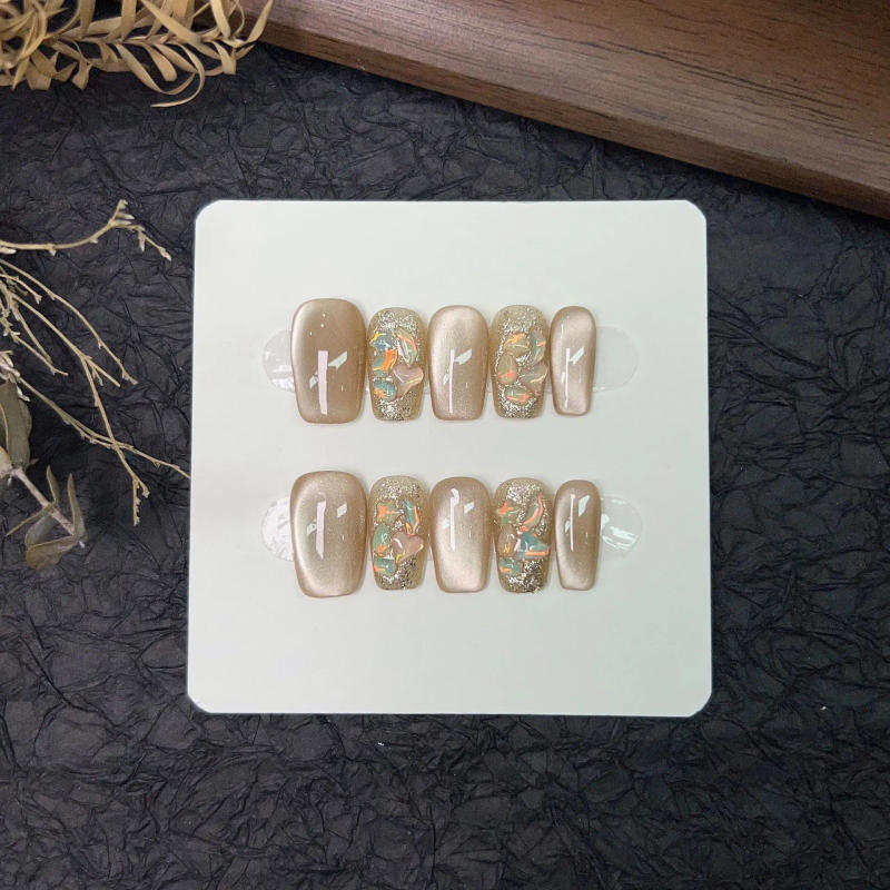 Description Picture 4 of item10pcs Nude Cat Eye Handmade False Nails Short French Ballet Ribbon Pearl Design Fake Nail Full Cover Press On Acrylic Nail Tips