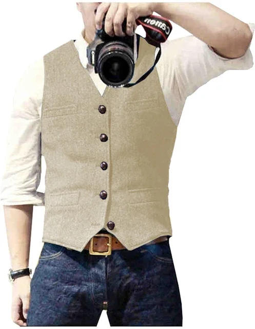 Description Picture 4 of itemMen's Suit Vest V Neck Wool Herringbone Tweed Casual Waistcoat Formal Business Vest Groomman For Green/Black/Brown/Coffee