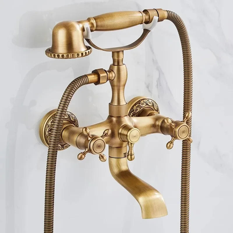 Description Picture 2 of itemAntique Bathtub Shower Set Wall Mounted Brass Faucet Bathroom Hot  and Cold Bath and Mixer Taps Brass
