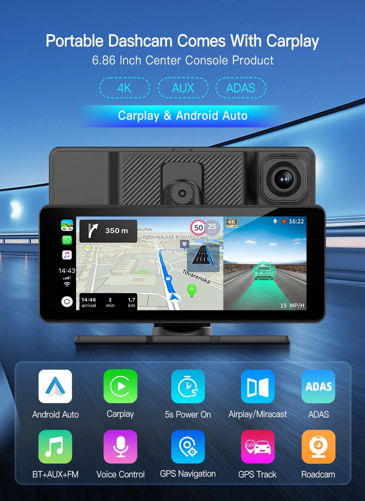 Description Picture 2 of itemImagebon 6.86" Car Mirror Wireless CarPlay & Android Auto 4K Dash Cam GPS Navigation AI Voice AUX Bluetooth Video Recorder