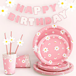 16pcs 7/9inch Pink Daisy Theme Disposable Tableware Flower Plate Napkin Straws Banner Birthday Party Baby Shower Wedding Decor