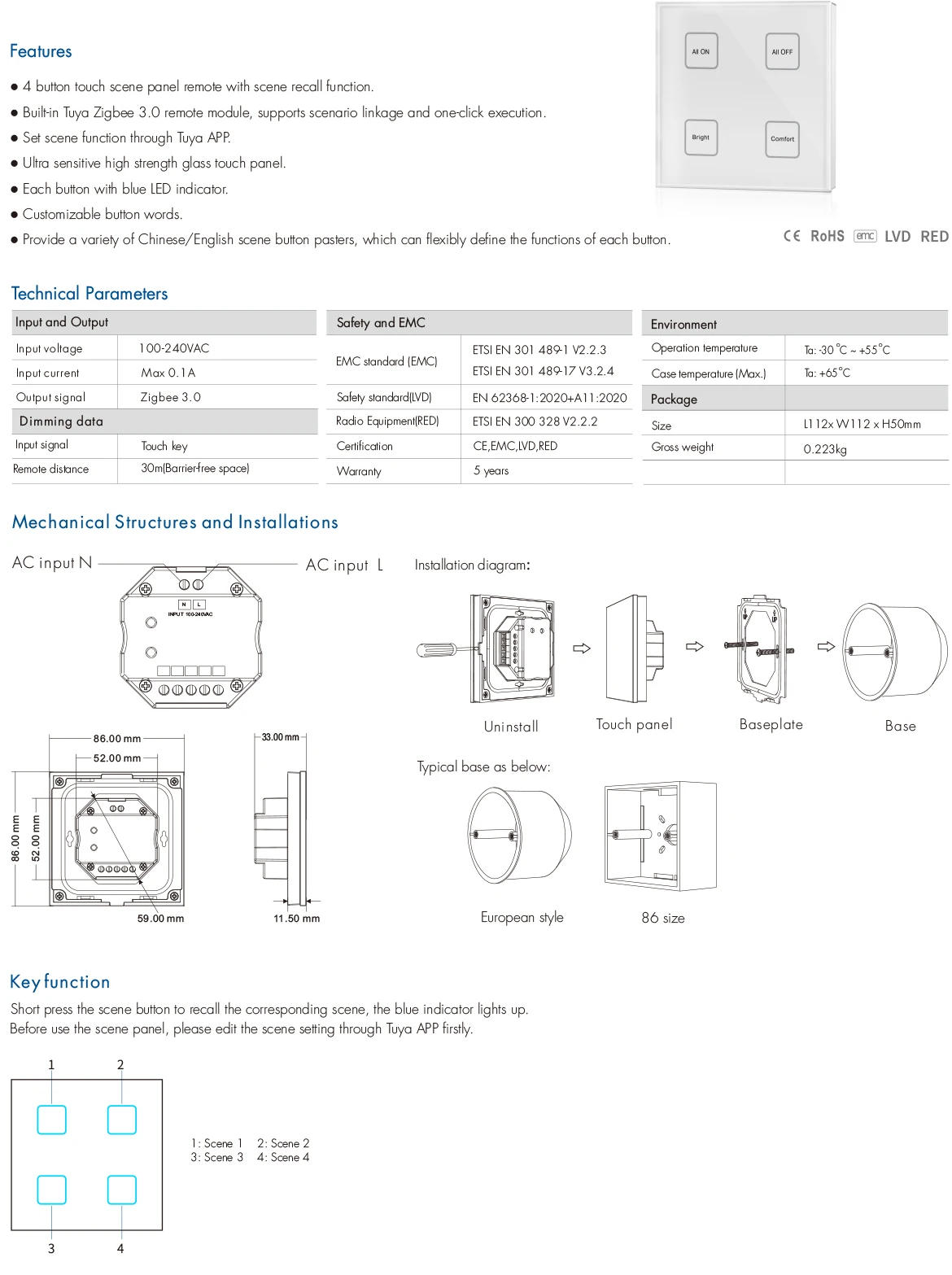 Description Picture 4 of item4 Button Zigbee3.0 Wall Mounted LED Touch Panel Remote TS4(WZS) 100-240VAC Scene Recall Function Through Tuya APP For LED Lights