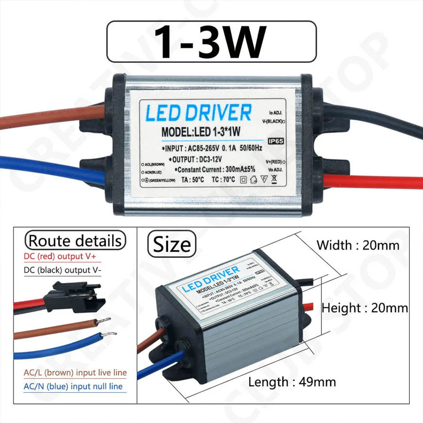 Description Picture 2 of itemLED Driver 1-3W 4-7W 8-12W 12-18W 18-25W 25-36W Adapter Transformer AC85V-265V WaterproofIP65 Power Supply 300mA For Panel Light