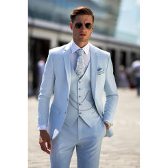 Sky Blue Suits for Men Notched Lapel Single Breasted Elegant 3 Piece Jacket Pants Vest Slim Fit Wedding Costume(No accessories)