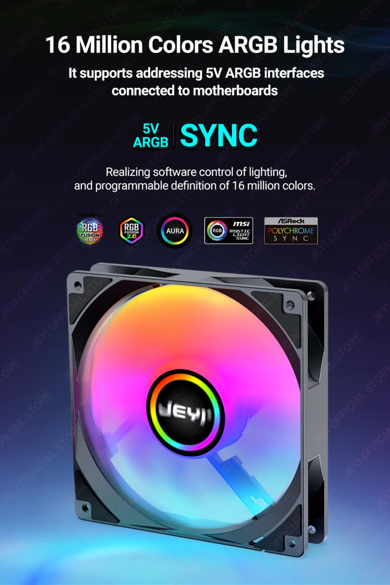 Description Picture 3 of itemJEYI 120mm PC ARGB Cooling Fan AURA SYNC RGB Computer Fans Ultra Silent Heatsink Ventilador with 4PIN PWM and 5V 3PIN ARGB Port