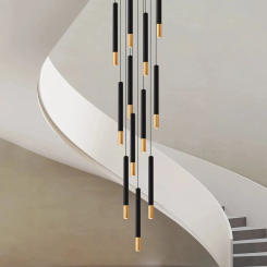 Black and Gold Long Chandelier LED Strip Tubular Living Room Chandelier Indoor Lighting Restaurant Staircase Modern Chandelier