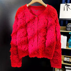 Women Red Hollow Out 3D Rose Flower Cardigan Crochet Wool Blend Handknit Spring Autumn Outwear Sweater
