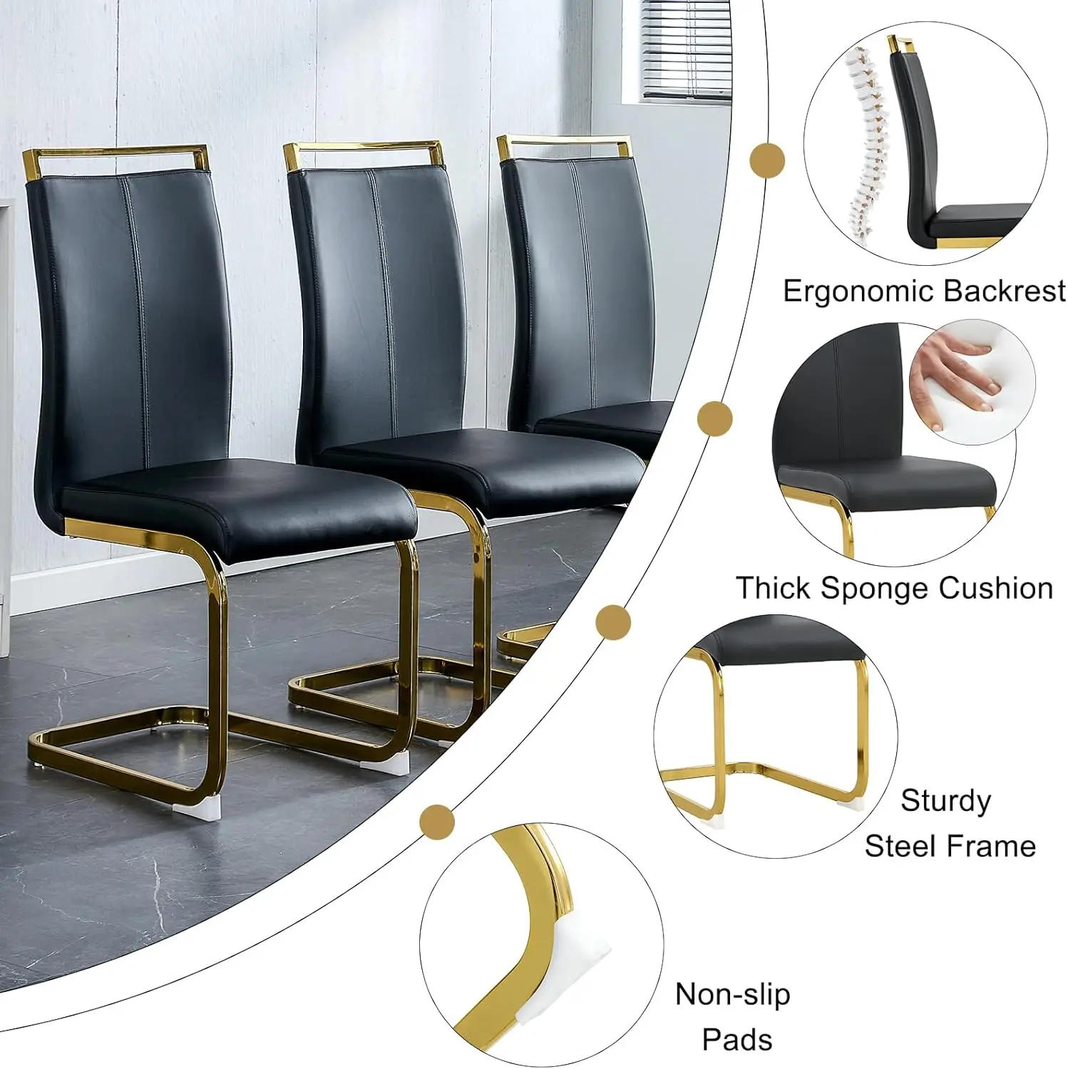 Description Picture 6 of itemGlass Dining Table Set for 4,5 Piece Dining Table and Chairs Set，Modern Kitchen Dining Room Table with 4 Black PU Leather