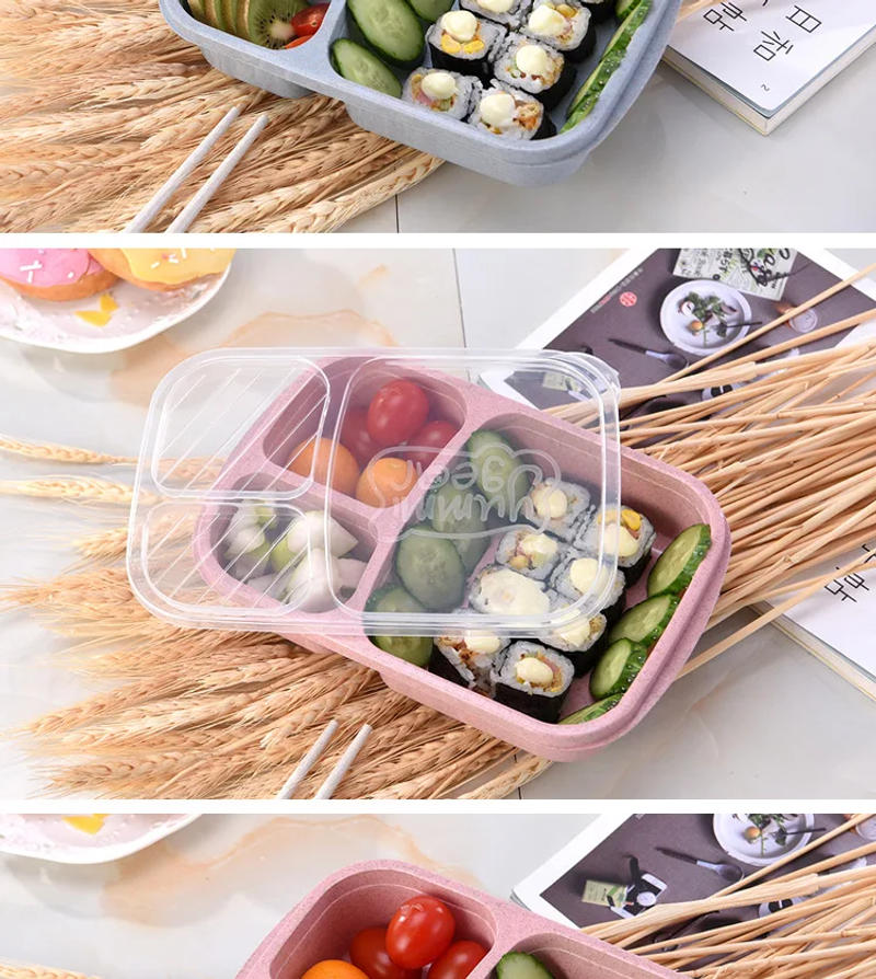 Description Picture 6 of itemMicrowave Lunch Box Wheat Straw Dinnerware Food Storage Container Children Kids School Office Portable Bento Box Lunch Container