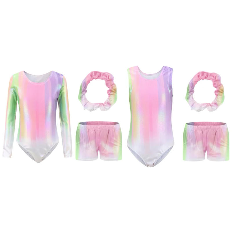 Description Picture 4 of itemGirls Dance Ballet Leotard Rainbow Gradient Color Gymnastic Suit With Body Shorts Hair Band Long Sleeve Workout Outfits Bodysuit
