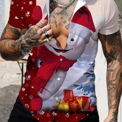 Camisa de manga corta con estampado 3D de muñeco de nieve, camisa holgada de manga corta con solapa para deportes de calle al aire libre, Verano