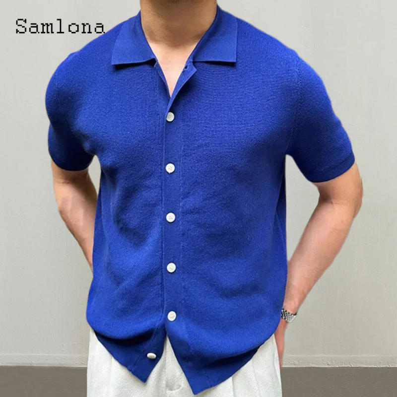 Description Picture 5 of item2024 Summer New Knitting Polo Shirt Mens Patchwork Top Short Sleeve Casual Street Cardigans Solid White Soft Basic Knitwear