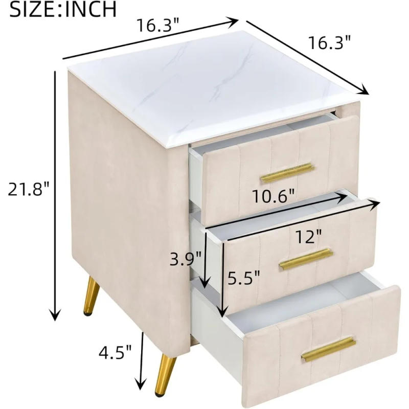 Description Picture 3 of itemNightstand with Drawers Set, Upholstered Wood Bedside End Table with Marbling Top, Nightstand