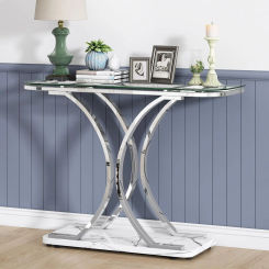 Silver Glass Console Tables for Entryway,Glass Entryway Table with Curved Frames and Marble Base, Modern Entrance Table Sofa Tab