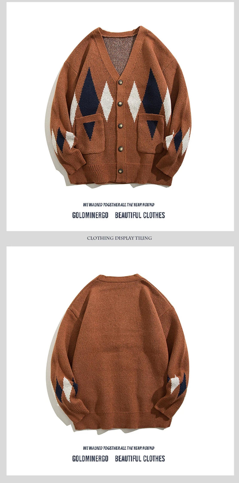 Description Picture 4 of itemMen's Diamond Cardigan Sweater Women V-neck Long Sleeves Autumn Winter Loose Casual Color Contrast Knitted Sweaters Jacket