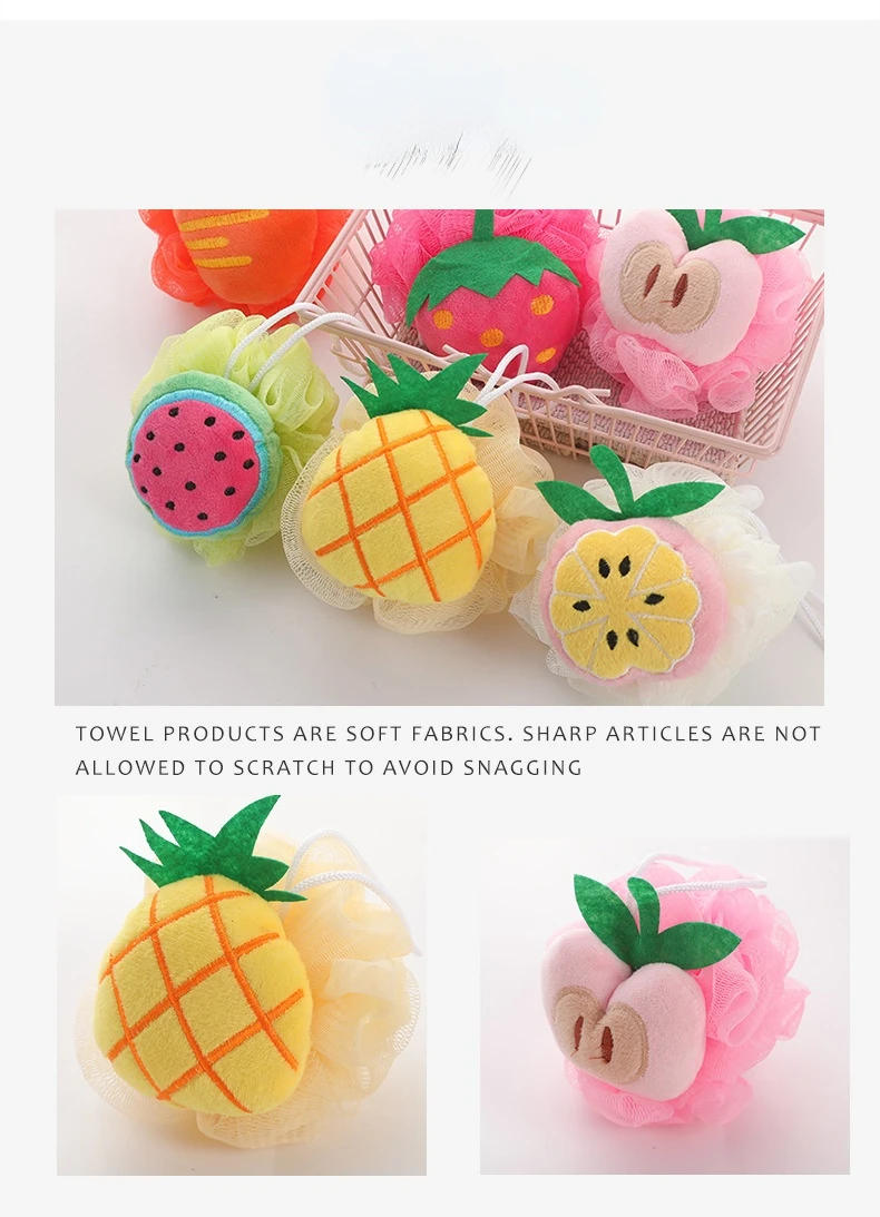 Description Picture 5 of itemCartoon Fruit Bath Ball Sponge for Body Shower Bath Balls Scrub Brush Cleaning Body Skin Care Exfoliants  Accessories Strawberry