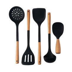 5Pcs Black Silicone Wooden Handle Cooking Tool Non-stick Kitchen Utensils Silicone Spatula Baking Kitchen Utensils Tool