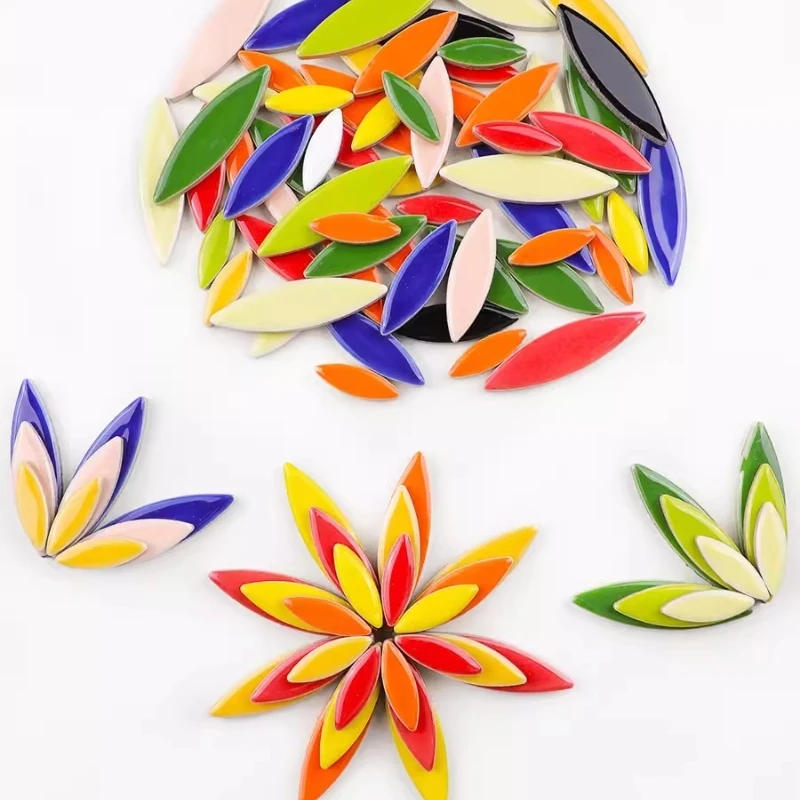 Description Picture 6 of item100g Willow Leaves Mosaic Tiles Porcelain Leaf-Shape Tile 3 Sizes Mix Multi Color DIY Mosaic Making Stones for Craft Arts Decor