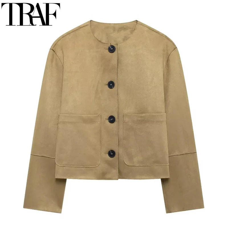 Description Picture 3 of itemTRAF Jackets Outerwears Cropped Suede Jacket Women Autumn Demi-Season Long Sleeve Coats Casual Button Elegant Short Solid Coats