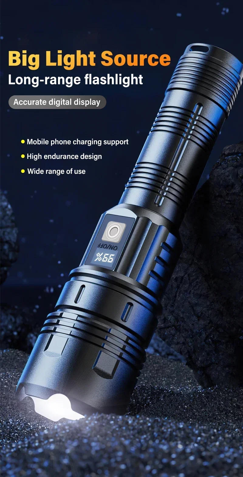 Description Picture 5 of itemHigh Power White Laser LED Flashlight USB Rechargeable Strong Light Tactical Torch with Power Display Camping Hunting Lantern