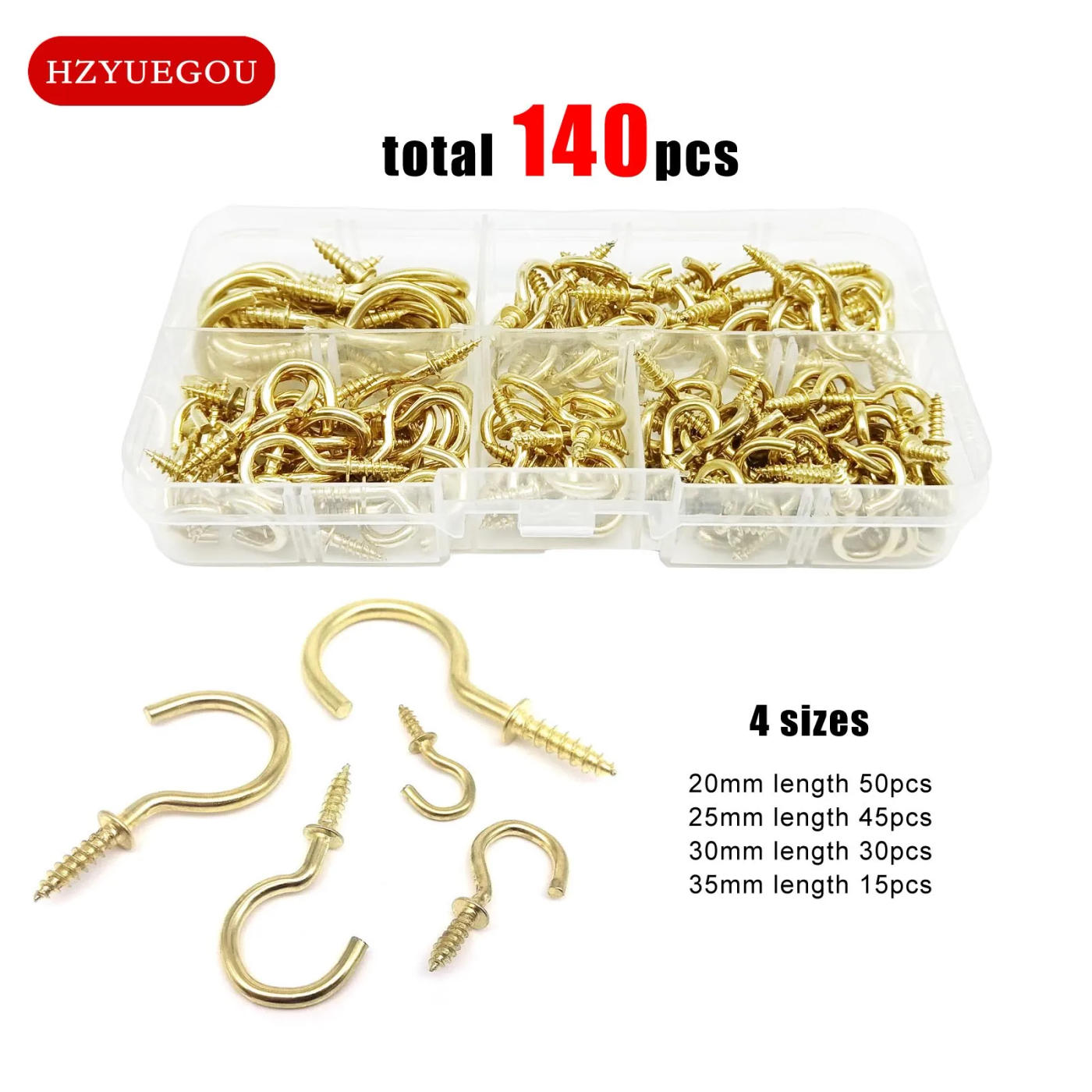 Description Picture 3 of item140pcs 4 Sizes C Cup Hook Spiral Hanger Screw in Eyescrew for Picture Lamp Light Ceiling RV Tool Plant Curtain Net Wire Golden