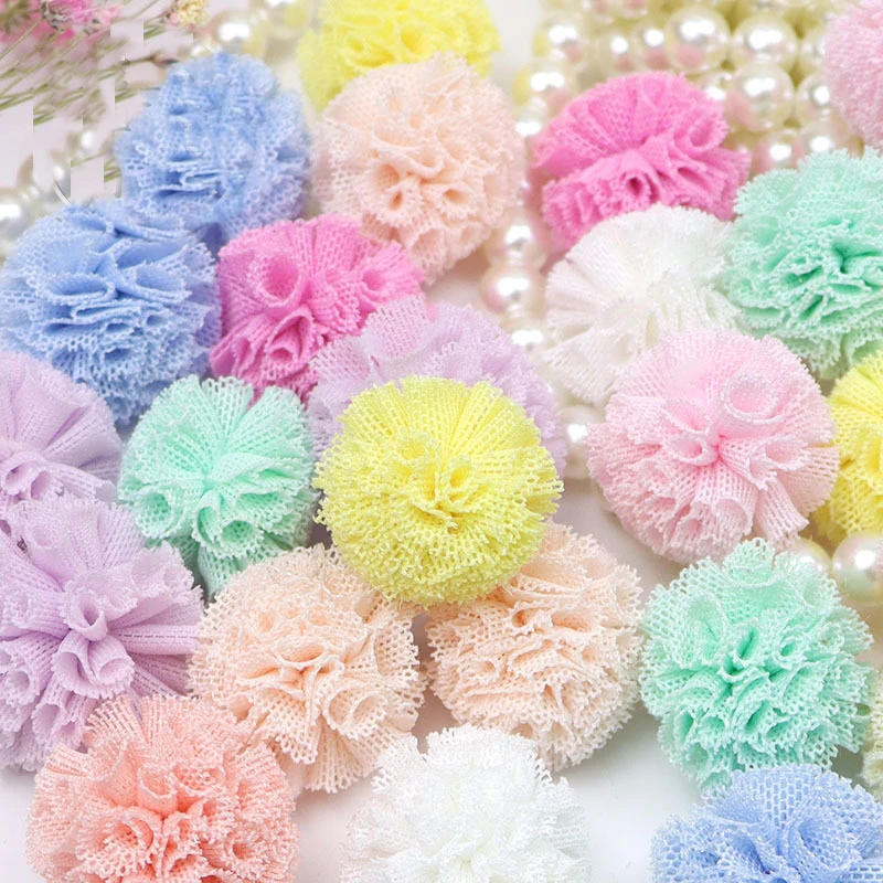 Description Picture 2 of item20mm Lace Gauze Pompones Elastic Flowers Pompoms Ball Mesh Pendant for Hair Clip DIY Crafts Garment Decor Sewing Accessories
