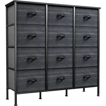 12-Drawer Fabric Dresser,  Tower Cabinet, Organizer for Living Room, Closet & Nursery, Sturdy Steel Frame, Wooden   Fabric Bins