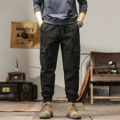 Men's Cotton Loose Sports Casual Pants Fashion Multi-Pocket Simple Binding Feet zipper Hip Pop Streetwear Cargo Pants Jogger Men