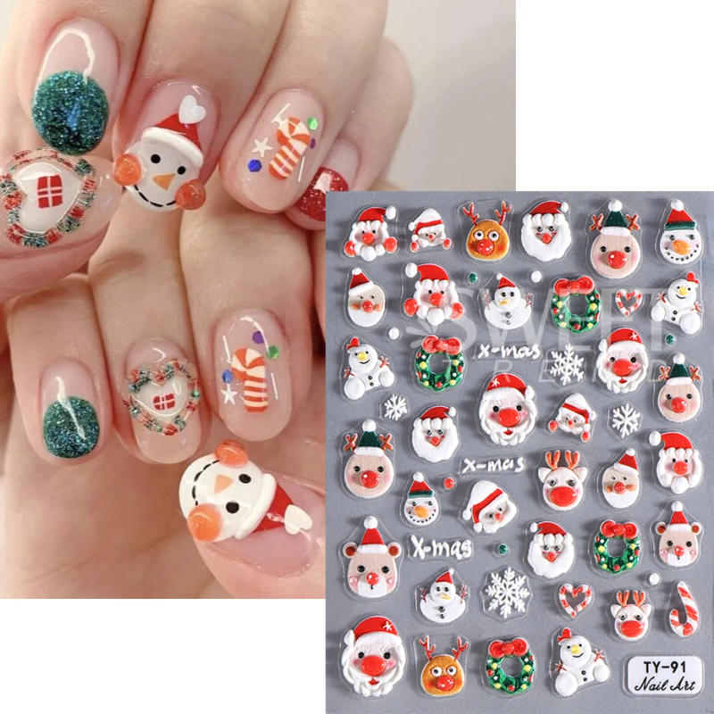 Description Picture 6 of item5D Embossed Christmas Snowman Elk Nail Art Sticker Cute Winter Cartoon Engraved Slider Decal Japanese Korean Manicure Decoration