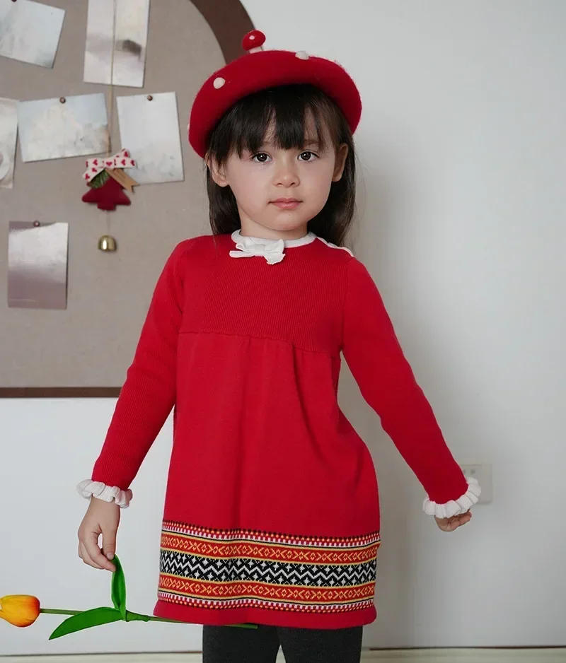 Description Picture 4 of item2025 Sweaters for Children Round Neck Vintage Long Sleeve Kids Dresseses Knitted Red Dress Cute Princess Girl Knitwear Clothes