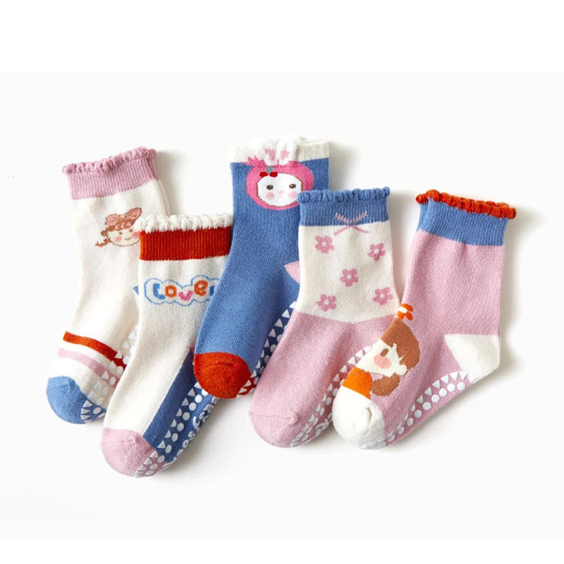Description Picture 5 of item5 pairs children's socks Non-slip floor socks for kids Cute printed mid-tube socks Cotton socks for children aged 1-12 years