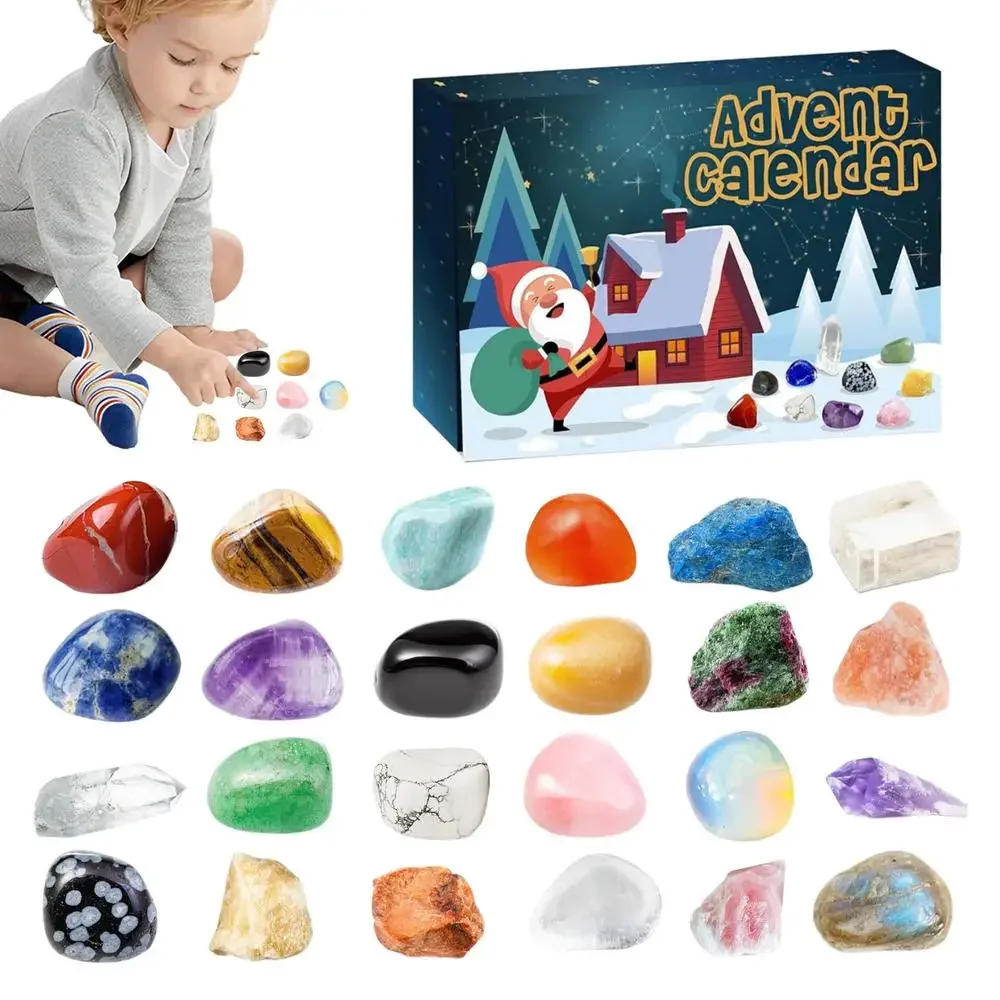 Description Picture 2 of itemChristmas Advent Calendar 24 Days Natural Crystal Gemstone Stone Minerals Box Complete Rock Collection Christmas Kids Gift