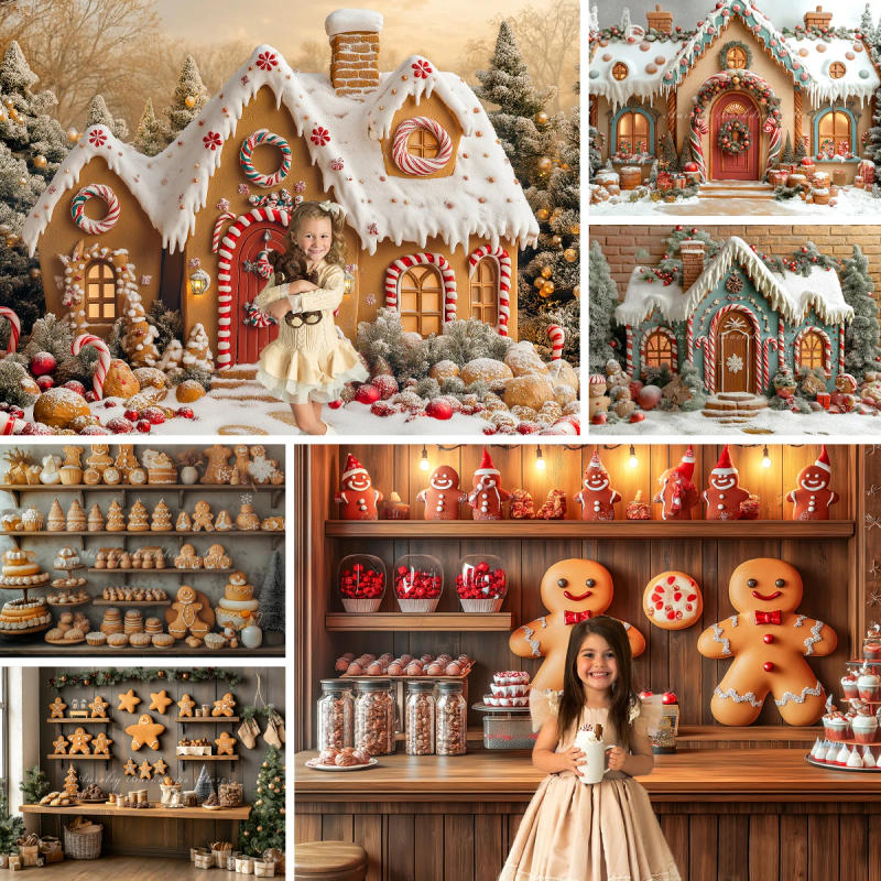 Description Picture 3 of itemChristmas Gingerbread House Backgrounds Adult Family Photography Props Child Baby Decors Cookie Shop Photo Studio Backdrops