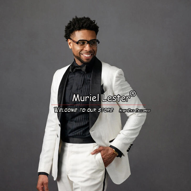 Description Picture 3 of itemWhite Floral Suits Men For Wedding Black Shawl Lapel Blazer Pants 2 Pieces Groom Wear Tuxedo Tailor-Made Banquet Prom Party Gown