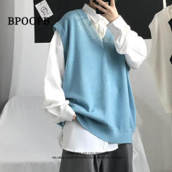 Japanese Style Casual Spring Autumn Men's Sweater Loose-fit Shoulder Vest Base Layer Top V-neck Knitted Top Korean Version Vest