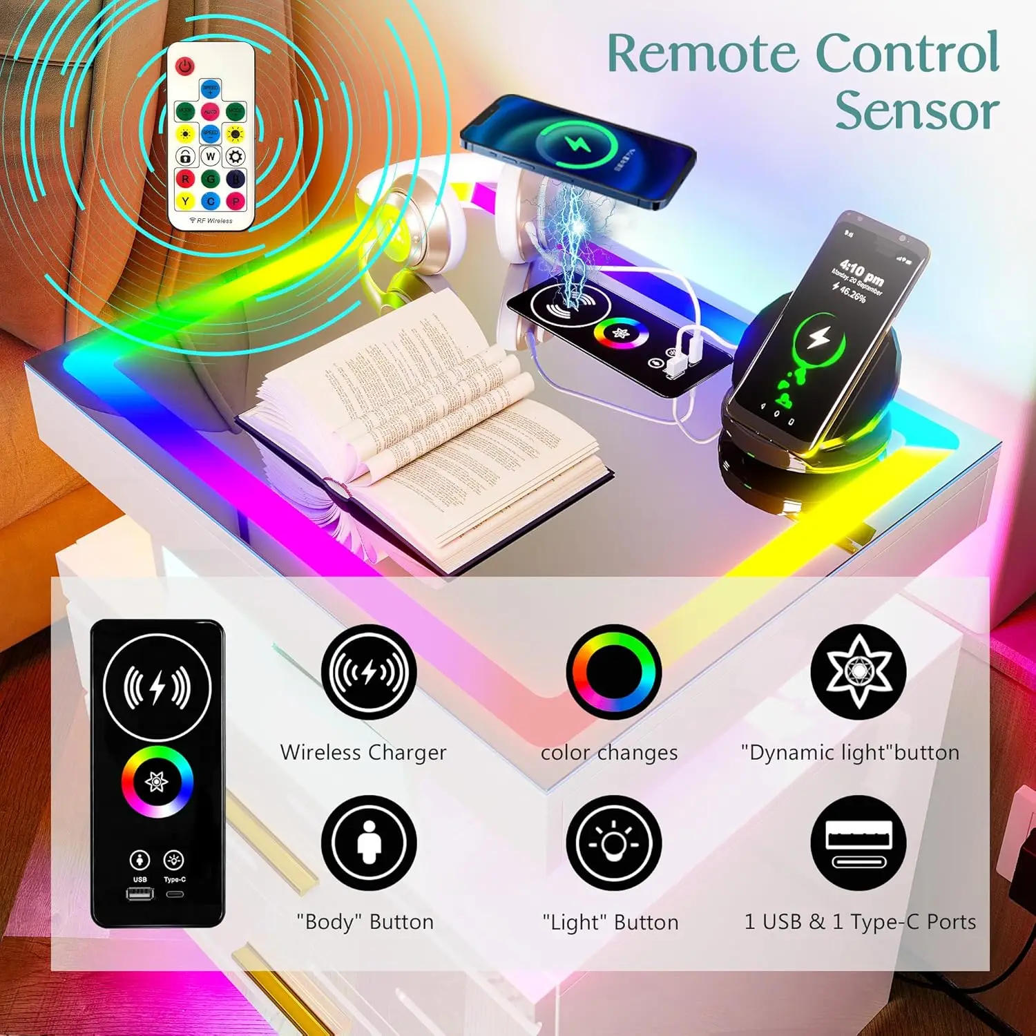 Description Picture 6 of itemSet of 2 Nightstand with Wireless Charging Station LED Lights Night Stand with 2 Drawers Glossy Smart Bedside Table