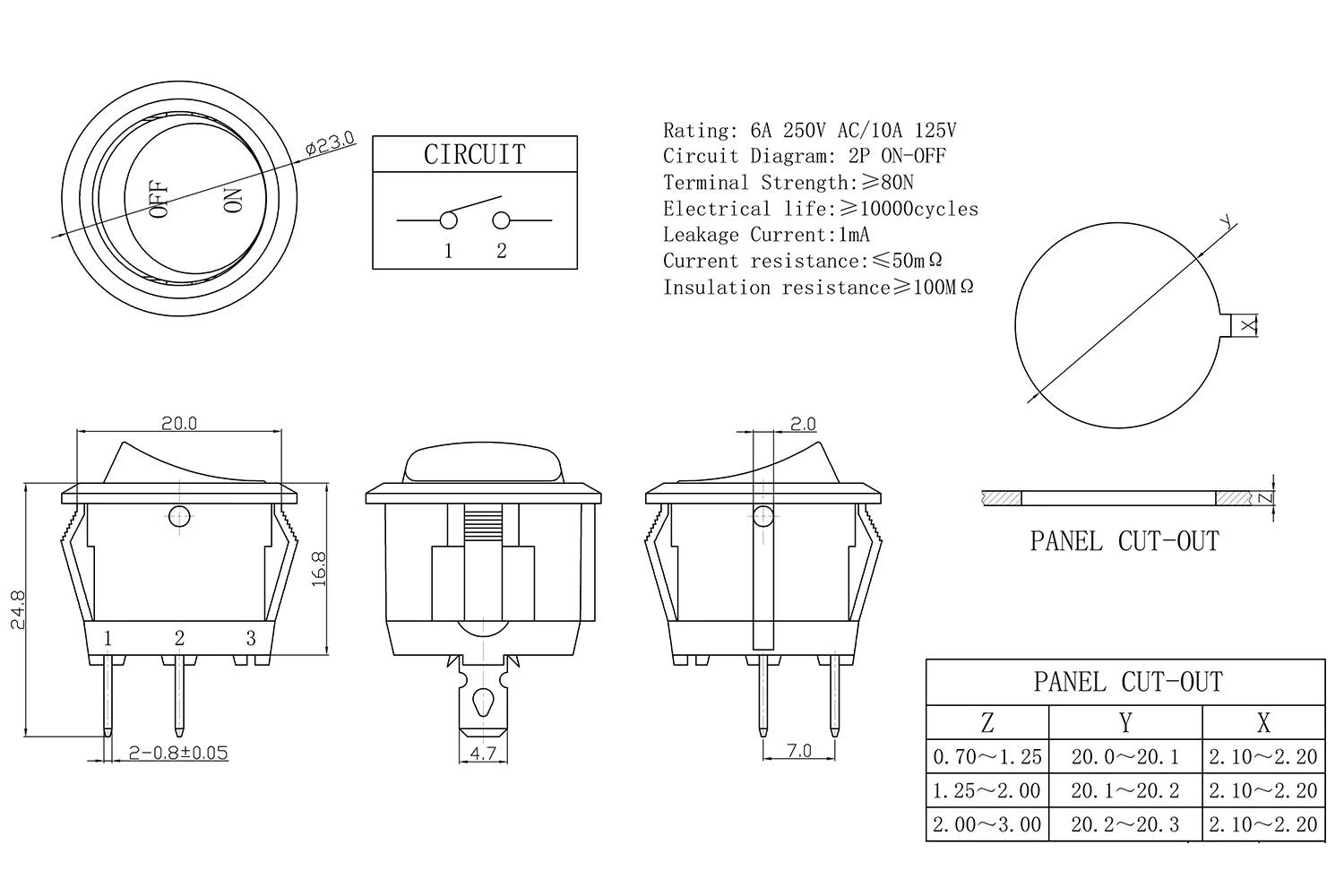 Description Picture 3 of item4PCS Dia.20mm Round Black Red 2Pin 3Pin 3A/250V 6A/125V Rocker Switch Seesaw Power Switch O- / ON-OFF