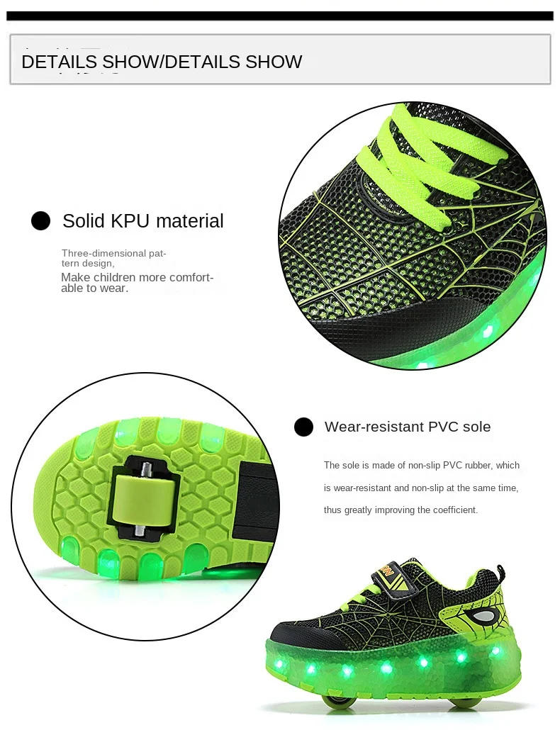 Description Picture 6 of itemKid Sneakers Spider Cartoon Mesh Usb Charge Luminous Shoes Outdoor Sport Roller Skates Child Skate Shoes Boys Girls Casual Shoes