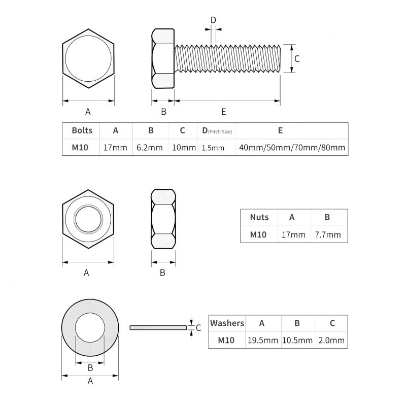 Description Picture 3 of itemM10 stainless steel heavy-duty screw bolt and nut flat washer and lock washer combination kit, 304 stainless steel 18-8, full ma