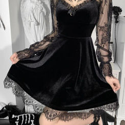 Gothic Lolita Girl Lace Trim Velvet A-Line Dress Women Sexy Perspective Long Sleeve V Neck Slim Mini Dress Cosplay Party Costume